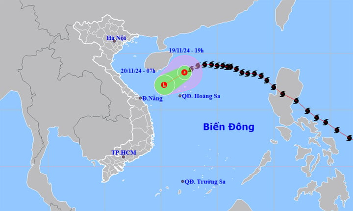 Tối nay 19/11, bão số 9 suy yếu thành áp thấp nhiệt đới, cách quần đảo Hoàng Sa khoảng 180km. (Nguồn: NCHMF)