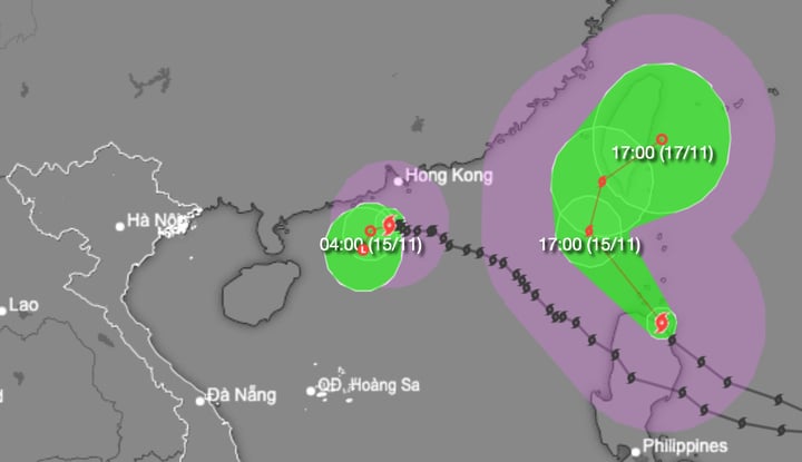Dự báo đường đi và cường độ của 2 cơn bão. (Nguồn: NCHMF)