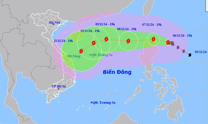 Bão Yinxing đang mạnh cấp 14, giật cấp 17, dự báo ngày 8/11 đổ bộ Biển Đông. (Nguồn: NCHMF)