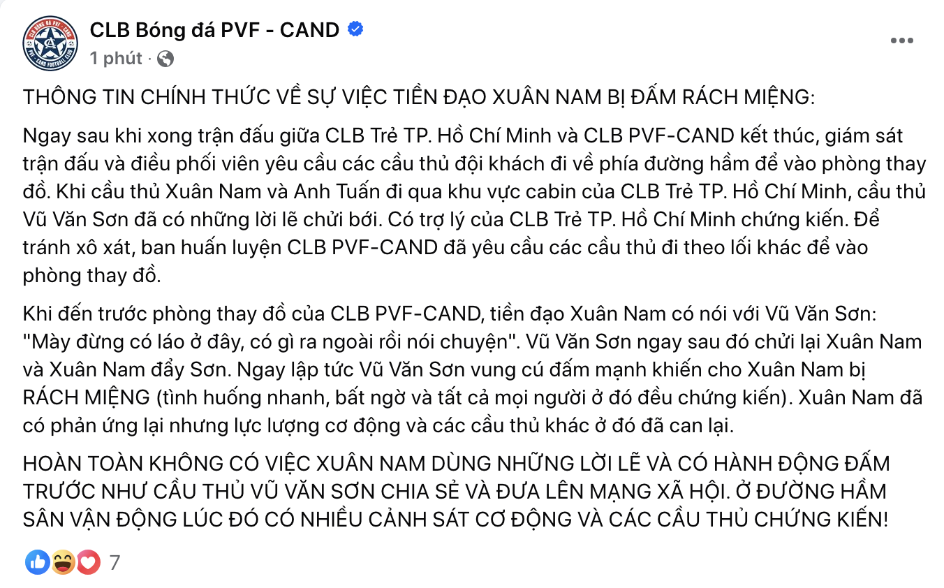 Vụ ẩu đả gây đổ máu: CLB của Xuân Nam lên tiếng rồi… xóa bài, VFF ra án- Ảnh 1.