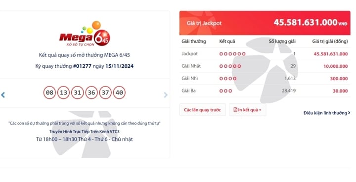 Một tấm vé trúng độc đắc của Vietlott trị giá hơn 45 tỷ đồng. (Ảnh: Đại Việt)