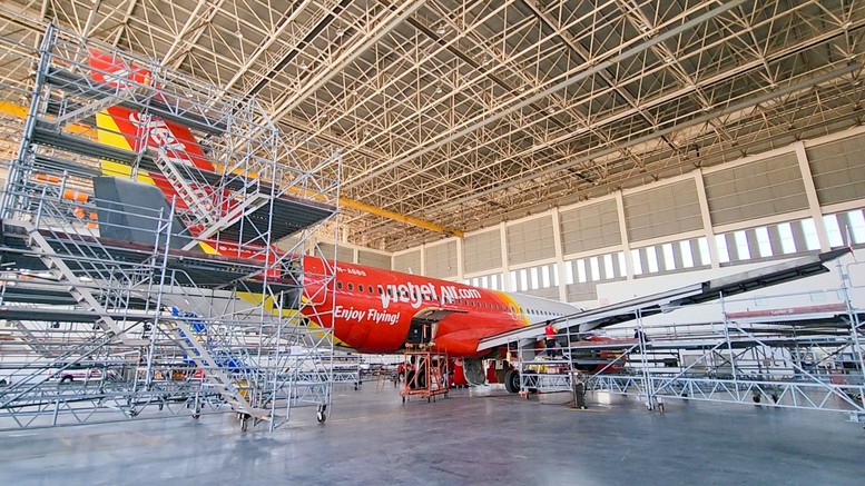 Tàu bay Vietjet thực hiện C-check tại hangar tiêu chuẩn quốc tế của Lao Airlines tại sân bay quốc tế Wattay