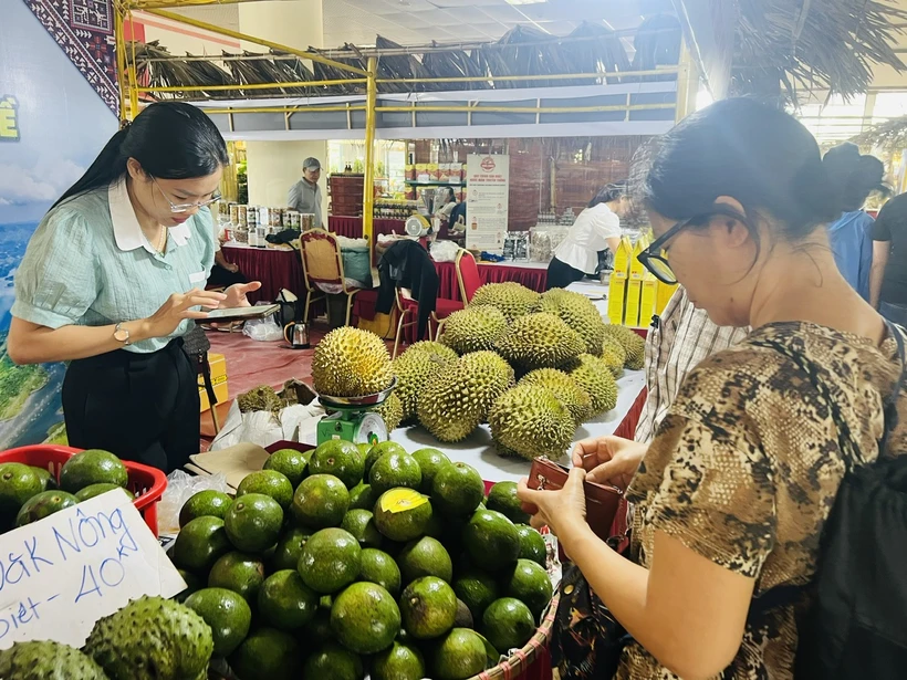 Một gian hàng giới thiệu về bơ và sầu riêng của tỉnh Đắk Nông. (Ảnh: PV/Vietnam+)