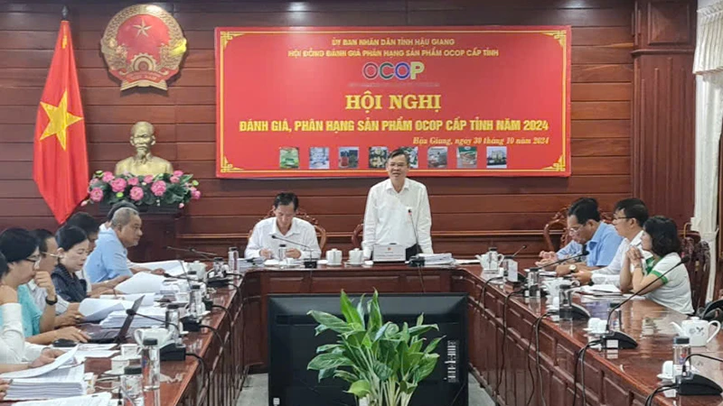 Ông Trương Cảnh Tuyên, Phó Chủ tịch Thường trực Ủy ban nhân dân tỉnh Hậu Giang phát biểu tại hội nghị