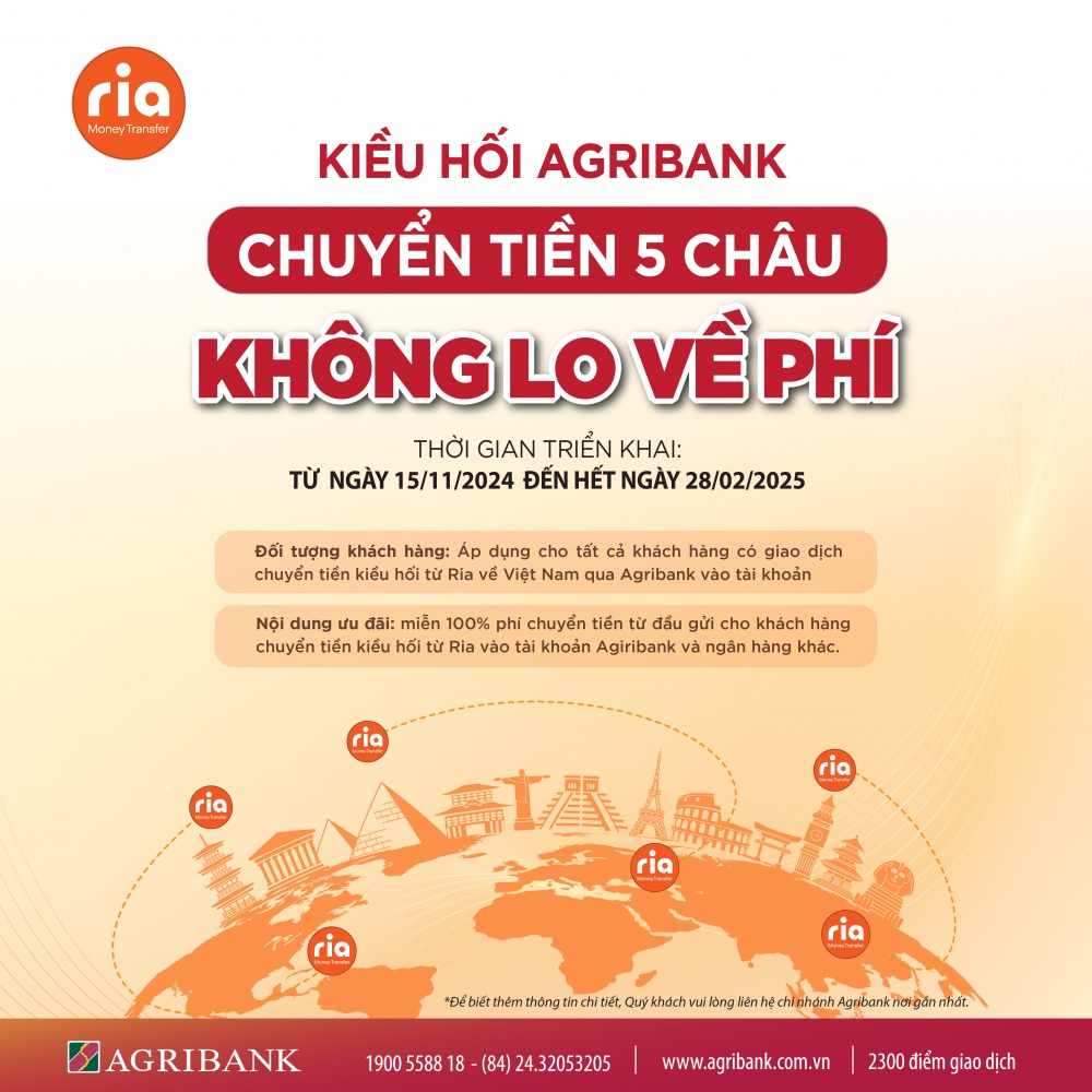 Miễn phí chuyển tiền Kiều hối Ria về Việt Nam tại Agribank