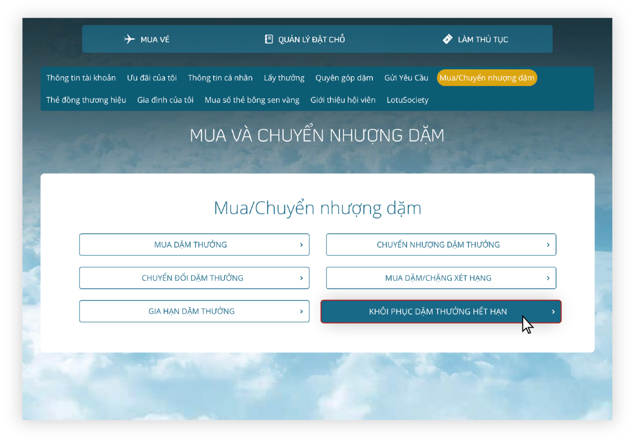 Hướng dẫn khôi phục dặm thưởng trên website 3.