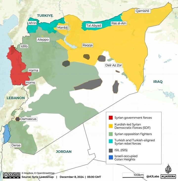 Bản đồ các phe phái chính trị đang kiểm soát Syria, trong đó phe đối lập (xanh lục) đang kiểm soát gần 1/2 lãnh thổ. Quân đội Syria chỉ còn kiểm soát được vùng duyên hải ven Địa Trung Hải. (Đồ họa Al-Jazeera)