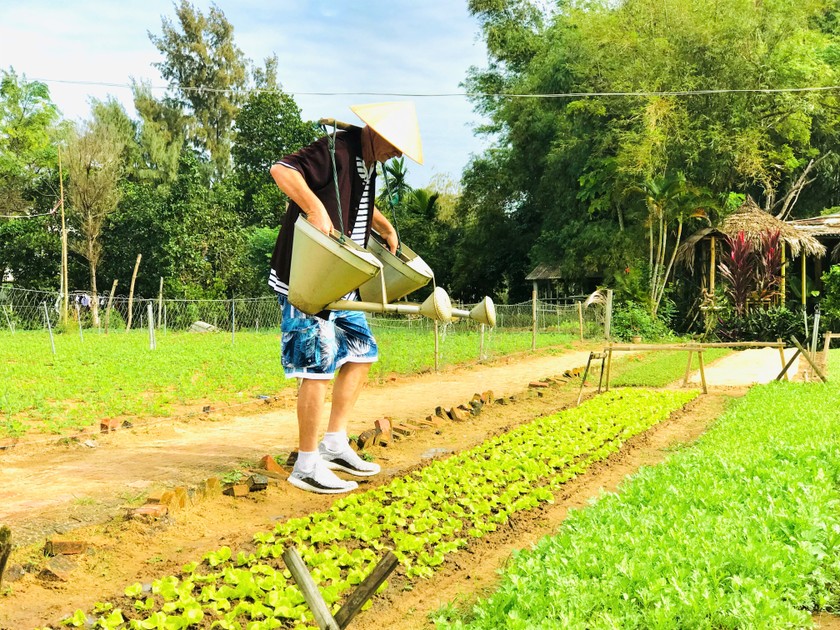 Du khách quốc tế tham quan, trải nghiệm tại làng rau Trà Quế (Hội An) vừa được công nhận là Làng du lịch tốt nhất thế giới năm 2024. (Ảnh: Công Huy).