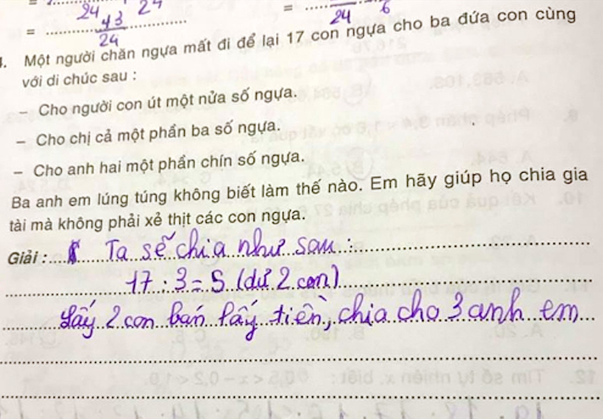 Bài toán chia đều 17 con ngựa cho 3 người gây bão mạng xã hội.