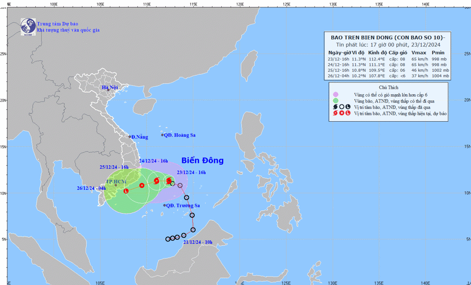 Hướng di chuyển của bão số 10 trong ngày 23/12/2024.