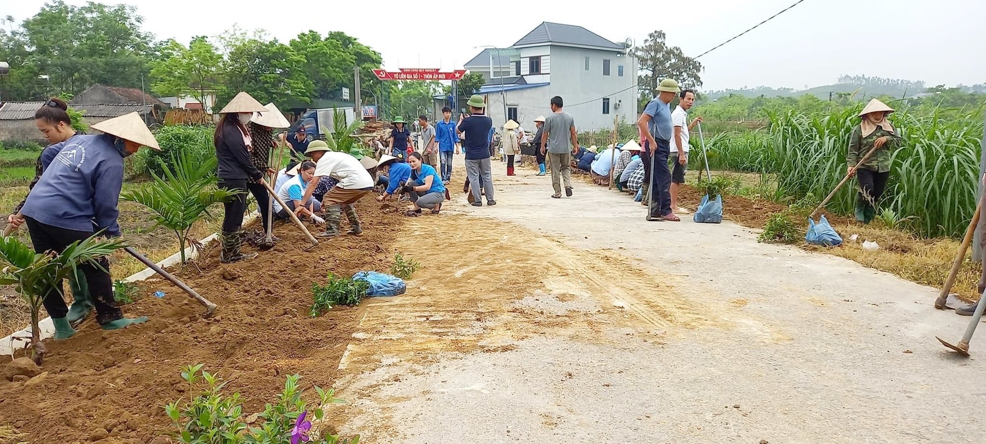 Người dân các thôn xóm tham gia mở rộng đường, trồng cây, vệ sinh... tạo cảnh quan bộ mặt toàn xã NTM nâng cao