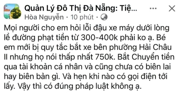 Hành vi của cán bộ quy tắc đô thị được người dân phản ánh trên trang mạng xã hội Facebook.