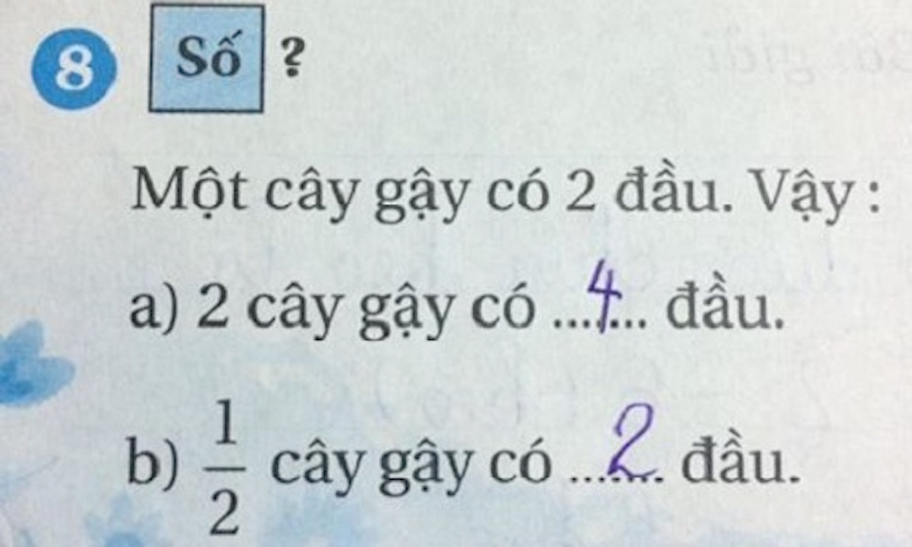 Một cây gậy có 2 đầu, nửa cây gậy có mấy đầu?