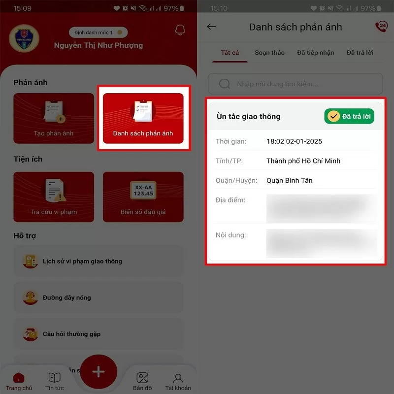 Xem danh sách phản ánh vi phạm giao thông đã gửi trên VneTraffic nhanh chóng