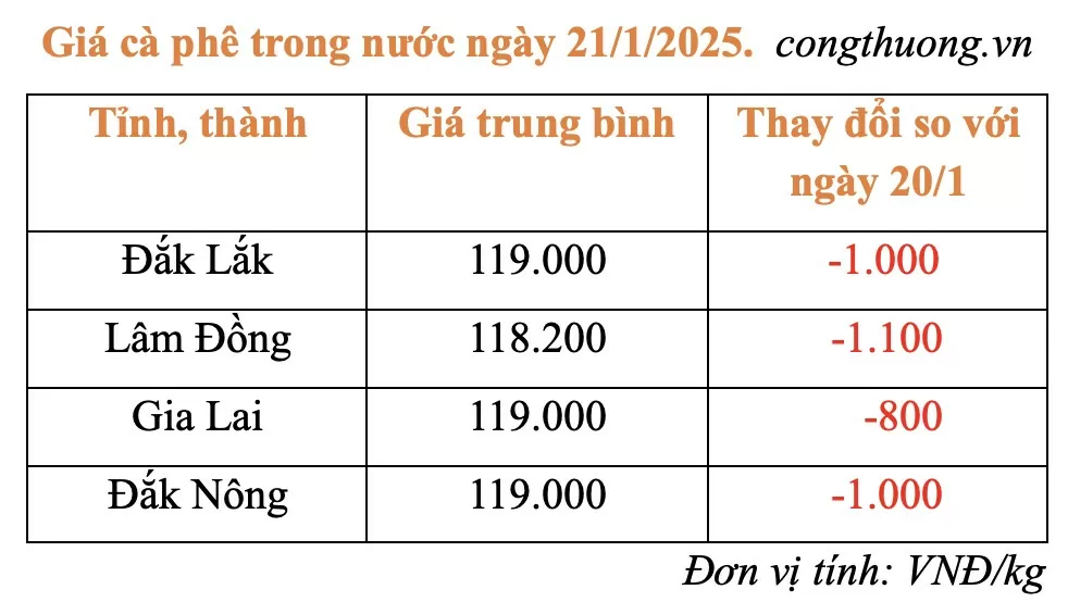 Giá cà phê hôm nay 21/1/2025: Giá cà phê