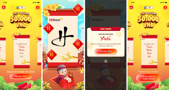 Trên hành trình du xuân ngắm mai đào nở trên app HDBank, khách hàng sẽ nhận được những lời chúc ý nghĩa từ Ông Đồ cùng cơ hội lãnh tiền thưởng “ting ting” ngay vào tài khoản.