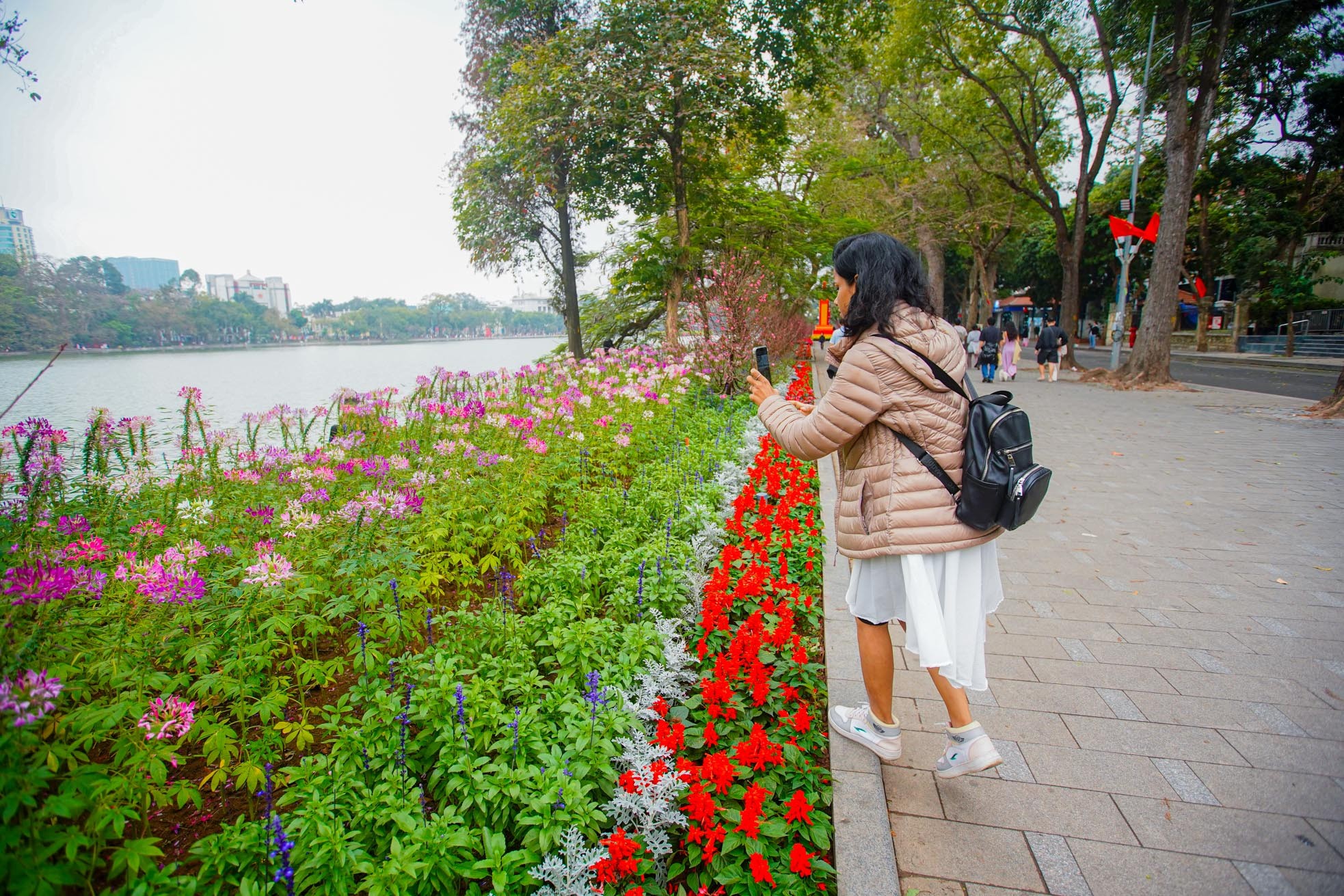 Đào và hoa bung sắc rực rỡ, 'nàng thơ' đua nhau thả dáng quanh hồ Hoàn Kiếm ảnh 10