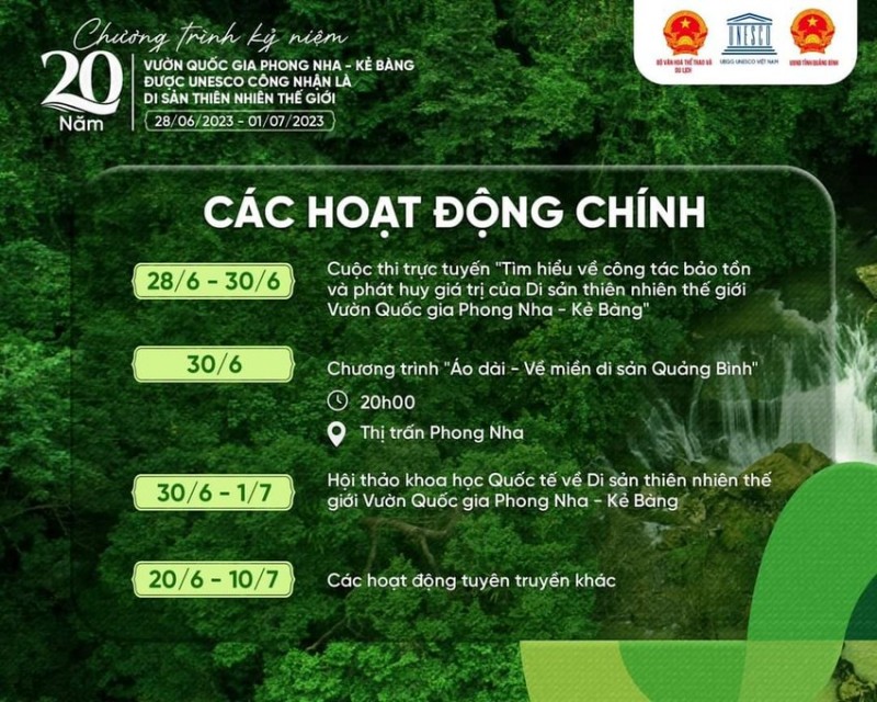 Các hoạt động chính kỷ niệm 20 năm Phong Nha – Kẻ Bàng được công nhận là Di sản thiên nhiên thế giới.