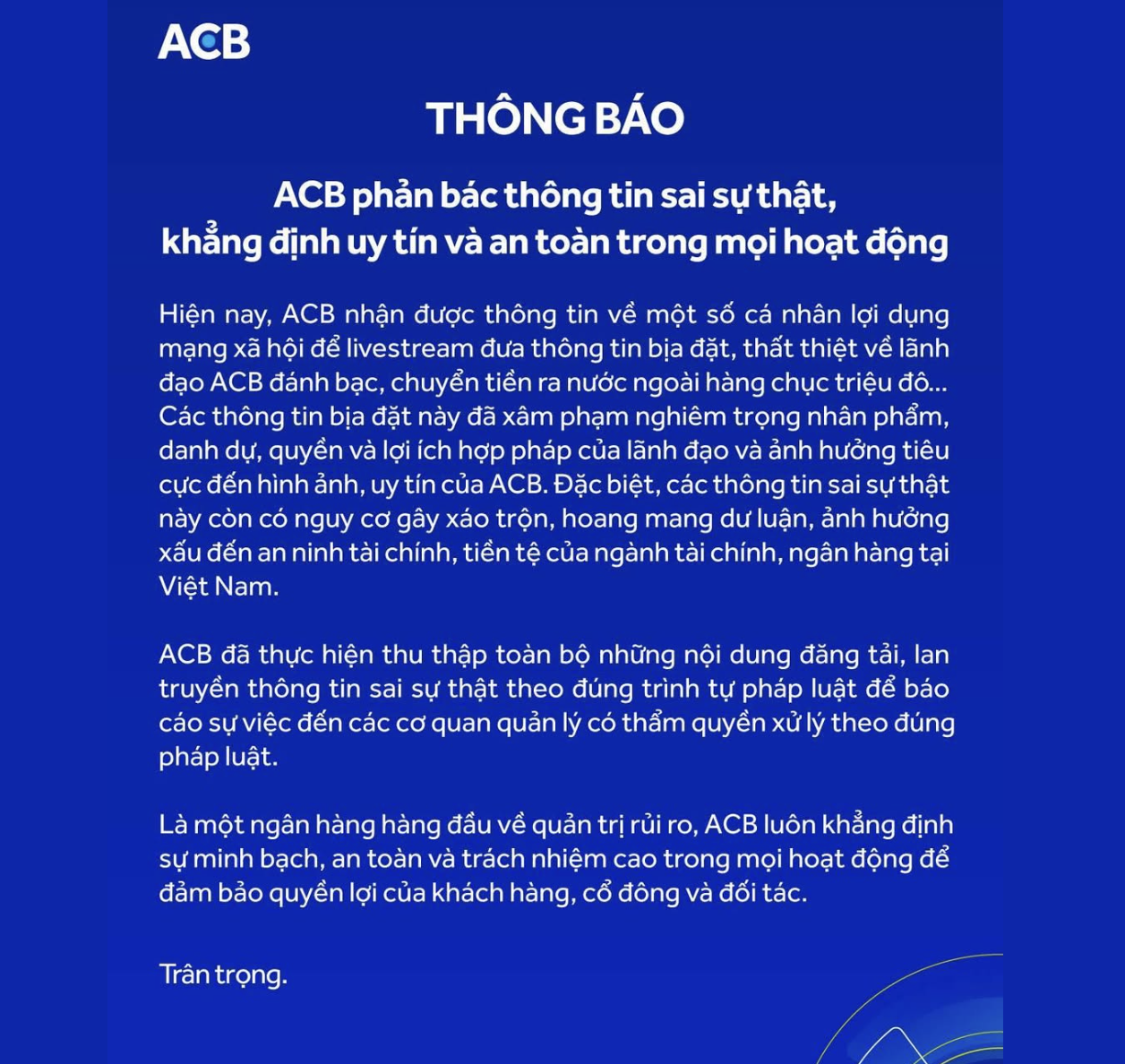 ACB lên tiếng thông tin ‘lãnh đạo ngân hàng đánh bạc hàng chục triệu USD’ - Ảnh 1.