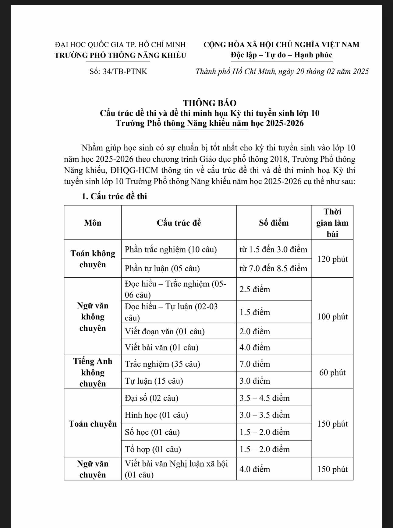 Trường Phổ thông Năng khiếu công bố cấu trúc và đề thi minh họa thi lớp 10 - Ảnh 3.