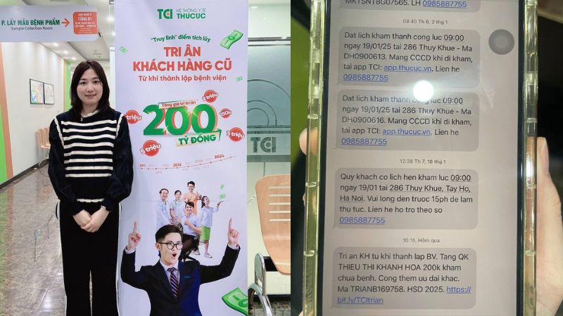 Khách hàng Thiều Thị Khánh Hòa từ Thường Tín (Hà Nội) đến TCI thăm khám nhận dịp nhận quà tri ân bất ngờ. 