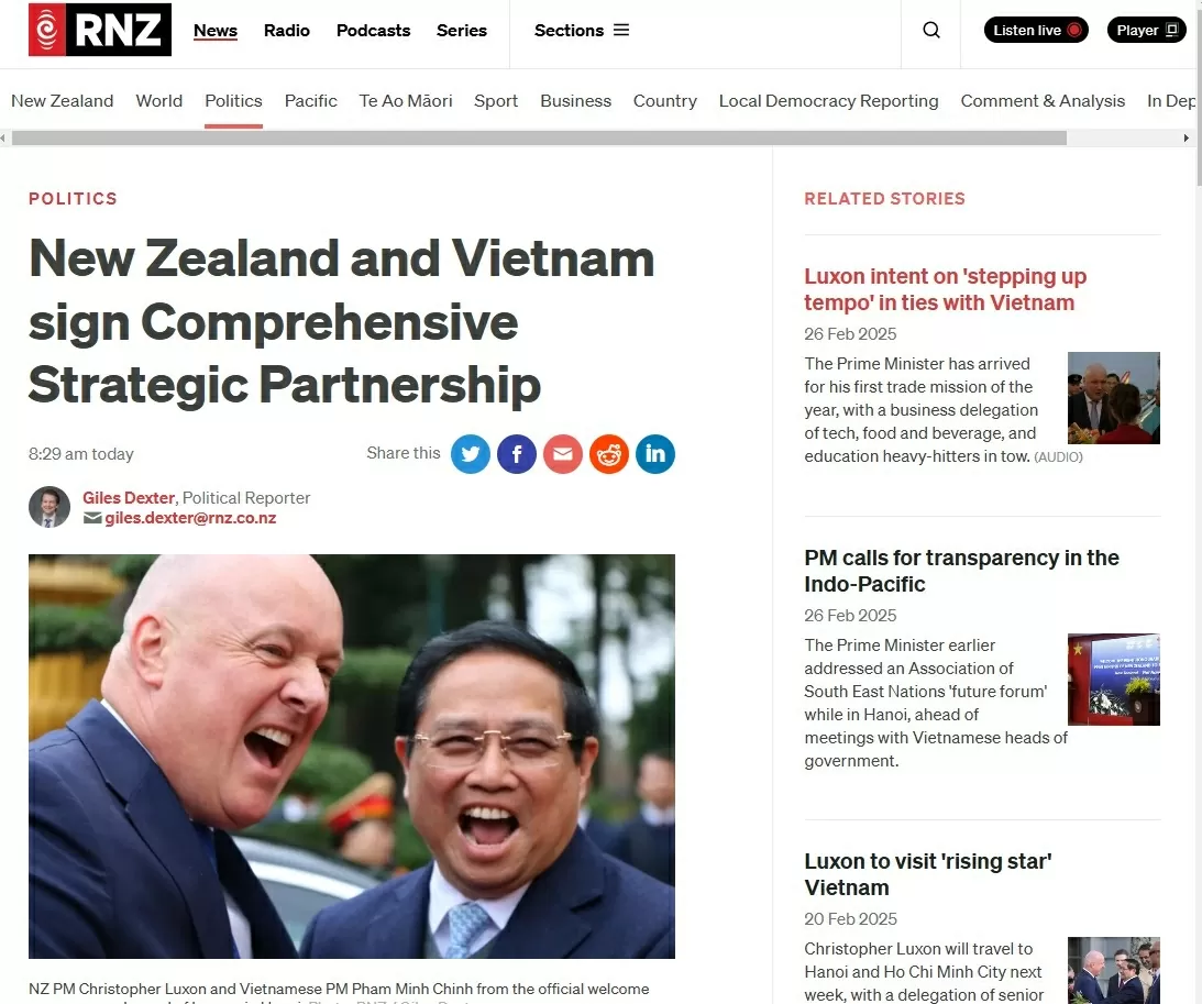 Truyền thông New Zealand: Triển vọng tươi sáng trong quan hệ với Việt Nam sau khi nâng cấp lên Đối tác chiến lược toàn diện