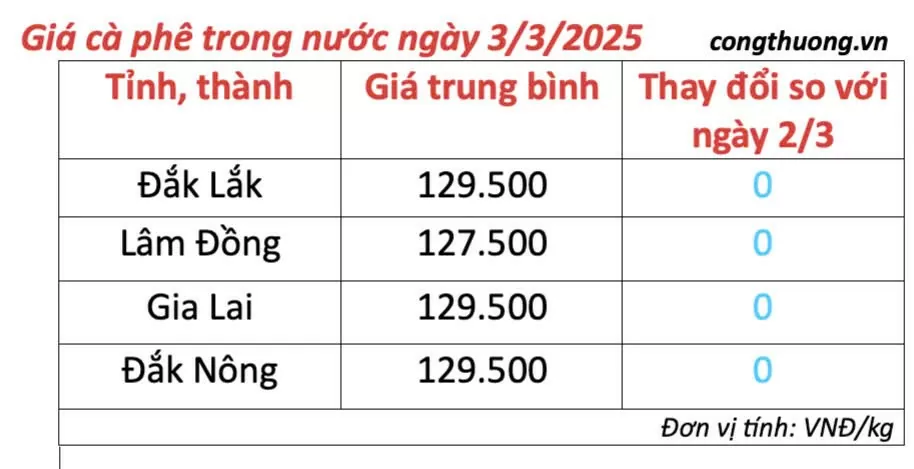 Giá cà phê hôm nay 3/3/2025 trong nước đi ngang