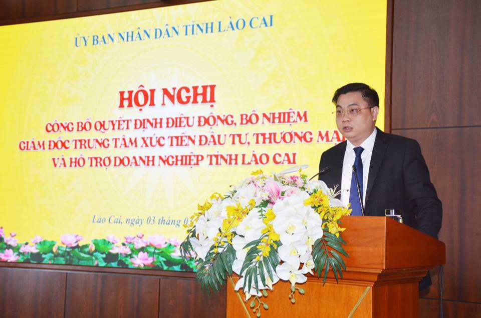 Tân Giám đốc Trung tâm Xúc tiến đầu tư, thương mại và hỗ trợ doanh nghiệp tỉnh Lào Cai Hoàng Kim Ngọc phát biểu nhận nhiệm vụ.