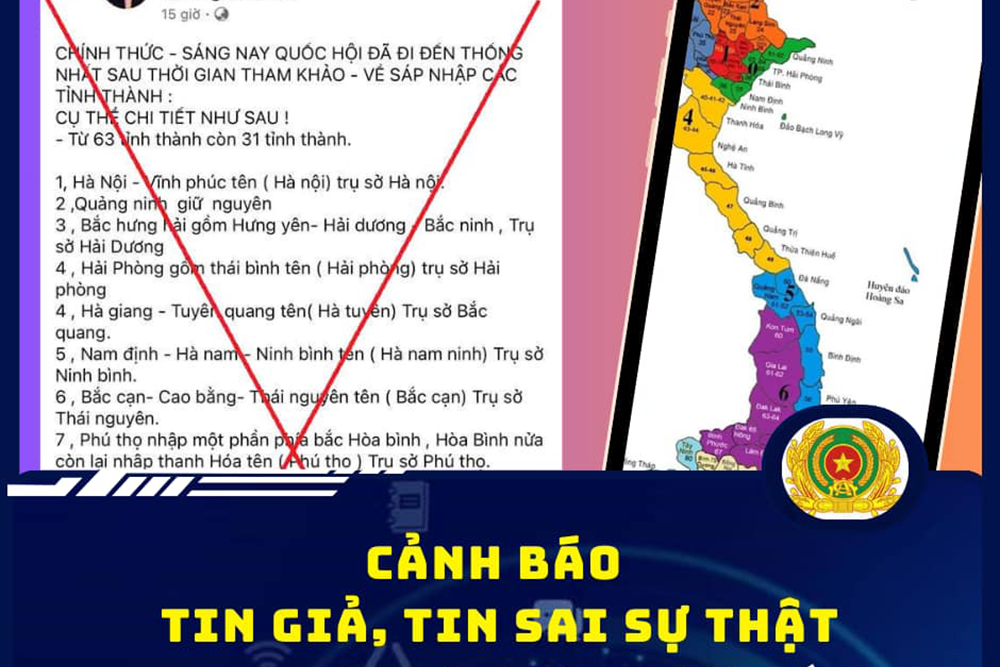 Công an TPHCM bác tin giả 'Quốc hội thống nhất sáp nhập 63 tỉnh thành còn 31 tỉnh thành'