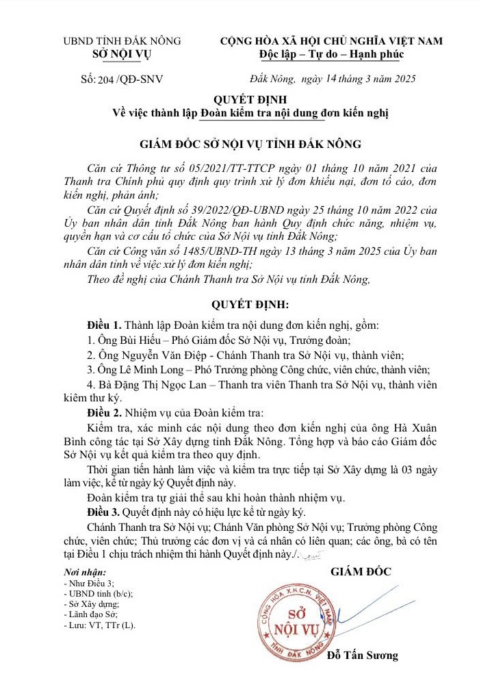 Sở Nội vụ tỉnh Đắk Nông công bố Quyết định về việc thành lập Đoàn kiểm tra nội dung đơn kiến nghị.