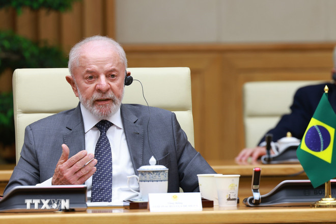 Tổng thống Brazil Luiz Inácio Lula da Silva phát biểu. (Ảnh: Dương Giang/TTXVN)