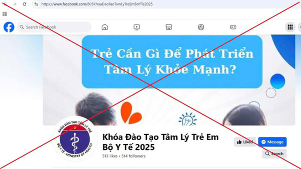 Trang Fanpage “Khoá Đào tạo Tâm Lý Trẻ Em Bộ Y tế 2025”, sử dụng trái phép logo và các hình ảnh, nội dung nhận diện thương hiệu của Bộ Y tế.