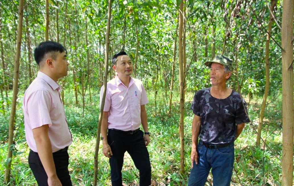 Cán bộ Phòng giao dịch Ngân hàng CSXH huyện M’Drắk (tỉnh Đắk Lắk) kiểm tra tính hiệu quả vốn vay ưu đãi tại một hộ dân ở thị trấn M’Drắk Cán bộ Phòng giao dịch Ngân hàng Chính sách xã hội huyện M’Drắk (tỉnh Đắk Lắk) kiểm tra tính hiệu quả vốn vay ưu đãi tại một hộ dân ở thị trấn M’Drắk