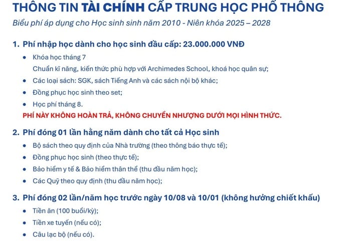 Phí nhập học cấp THPT tại trường Archimedes. (Ảnh chụp màn hình)