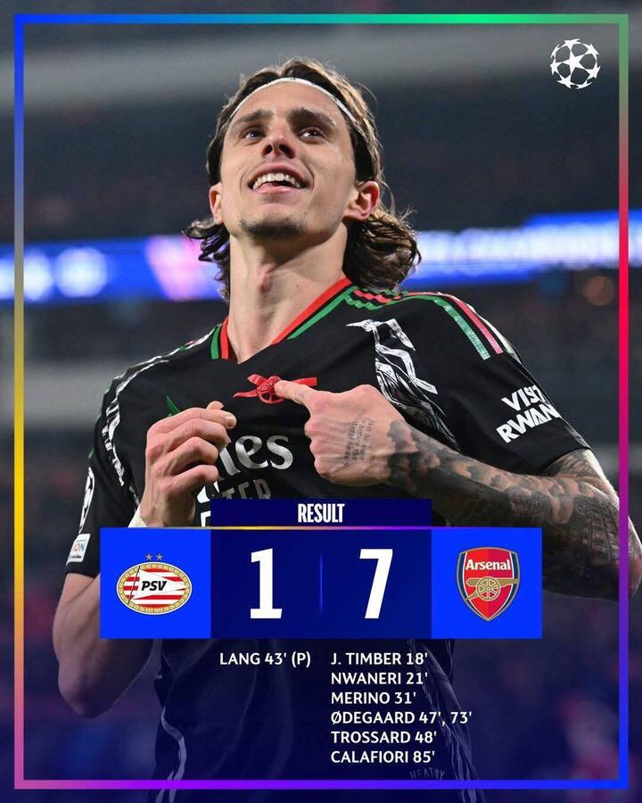 Arsenal thắng PSV 7-1