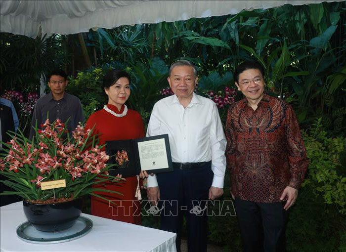 Tổng Bí thư Tô Lâm và Phu nhân cùng Thủ tướng Singapore Lawrence Wong dự Lễ đặt tên một loài hoa lan mới mang tên 'Tô Lâm Linh Ly' tại Vườn thực vật Quốc gia Singapore. (Ảnh: Thống Nhất/TTXVN)