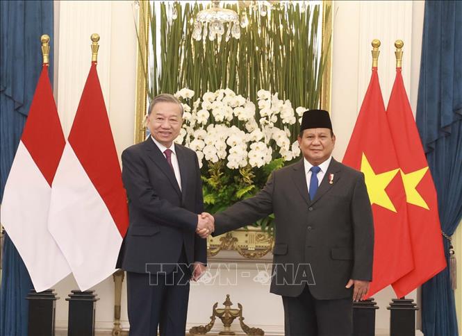 Tổng thống Indonesia Prabowo Subianto và Tổng Bí thư Tô Lâm chụp ảnh chung trước khi tiến hành hội đàm. Ảnh: TTXVN