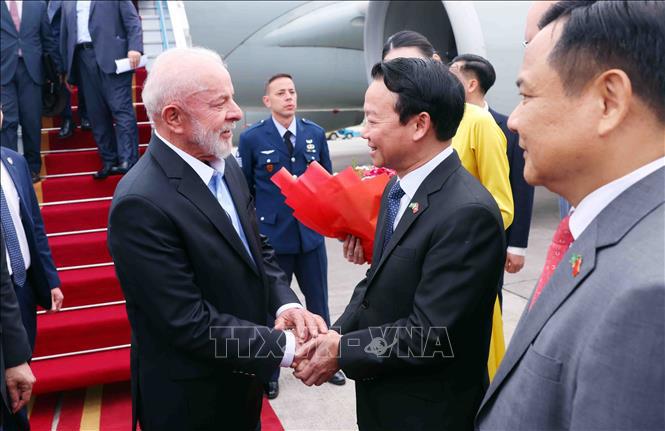 Bộ trưởng Bộ Nông nghiệp và Môi trường Đỗ Đức Duy đón Tổng thống Brazil Luiz Inácio Lula da Silva tại Sân bay quốc tế Nội Bài, Hà Nội. Ảnh: Phạm Kiên/TTXVN