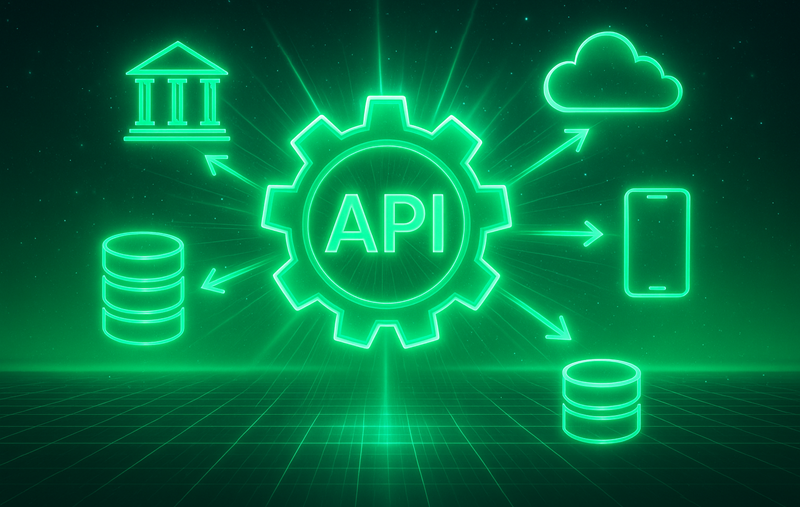 Đồ họa VPBank API bán và tích hợp: bánh răng xanh kết nối ngân hàng, đám mây, di động và cơ sở dữ liệu trên nền mạch điện.